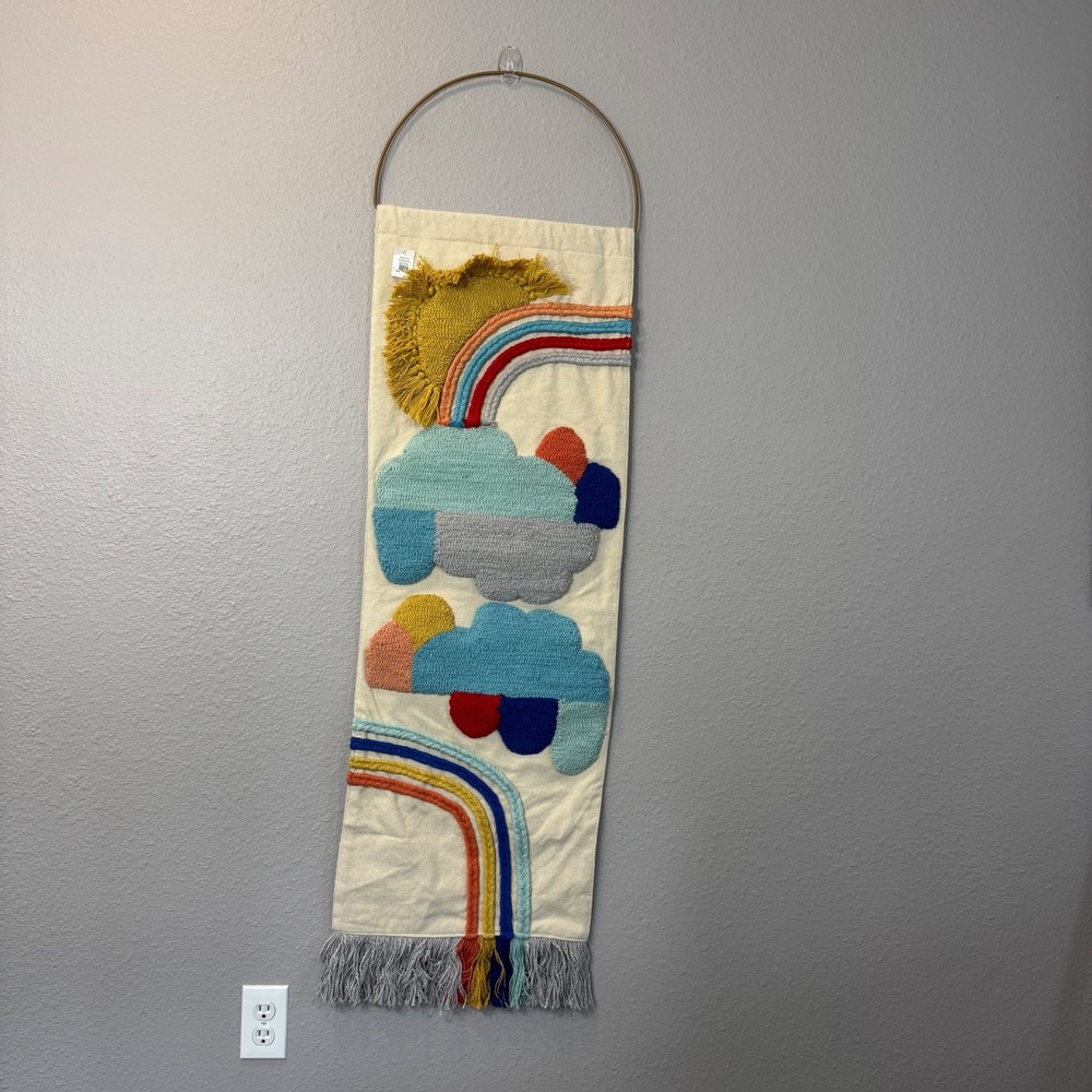 NWT Pottery Barn West Elm Ivory Rainbow Sun Cloud Tufted Tassel Wall Hanging